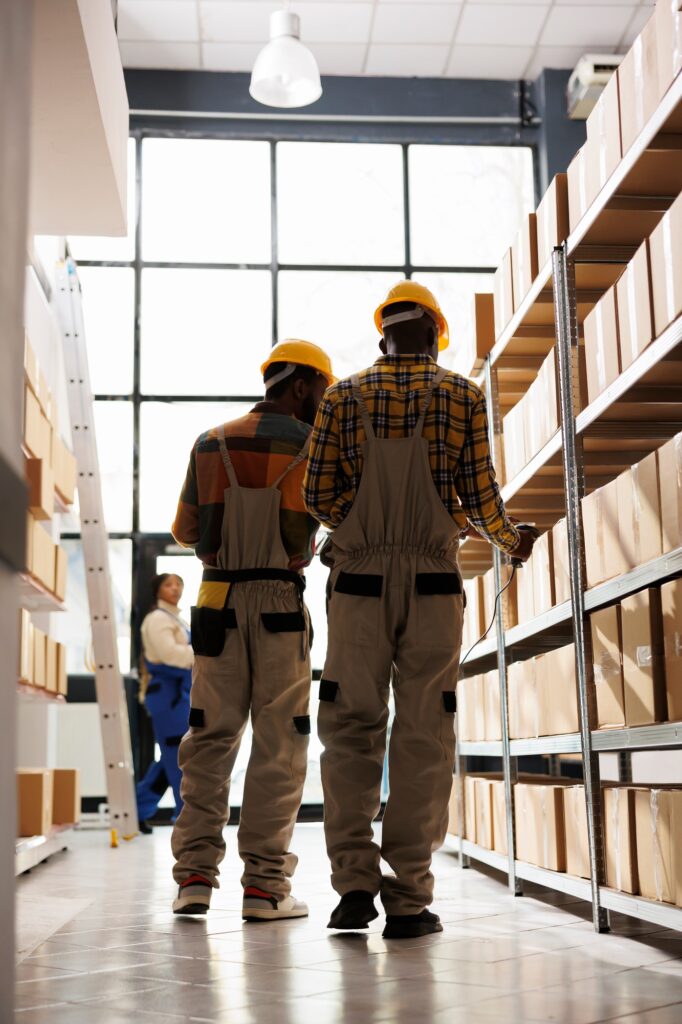 African american logistics managers scanning freight barcode before shipment