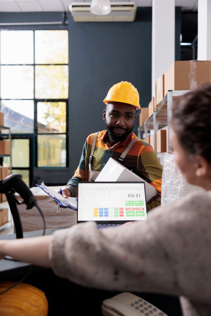 African american worker discussing products checklist