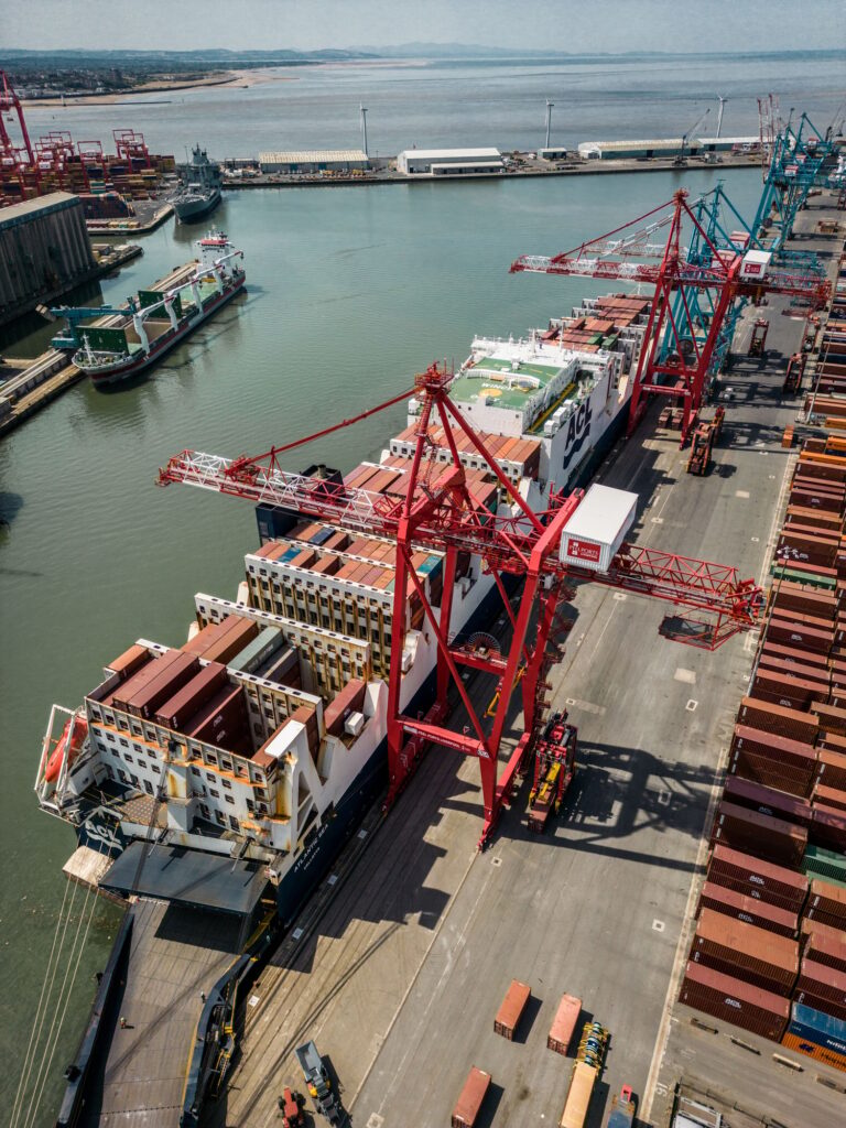 Vertical shot of a port with cargo ships